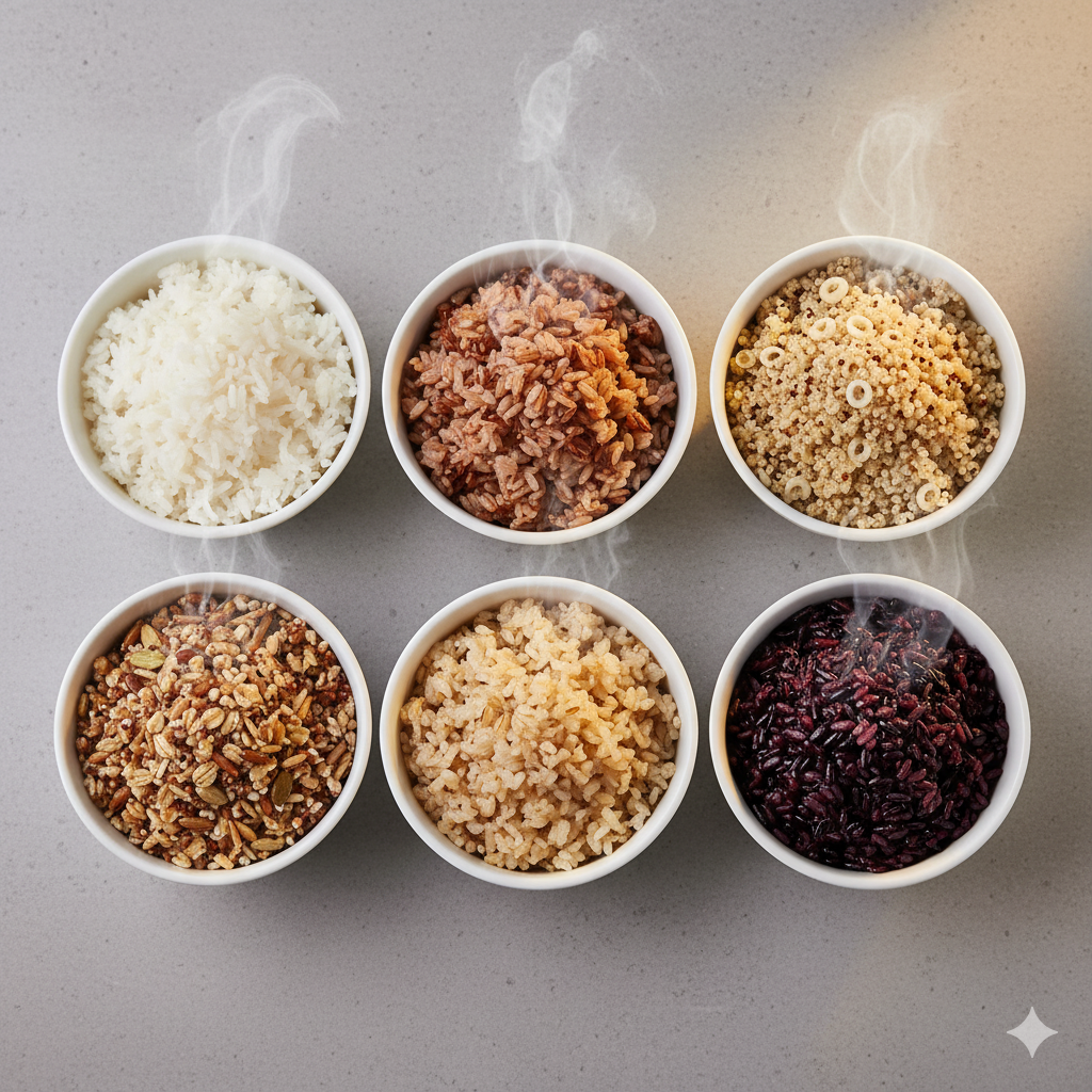 六種米飯(白米、糙米、藜麥、胚芽米、五穀米、紫米)的極簡俯視排列比較圖,展現其多樣性。